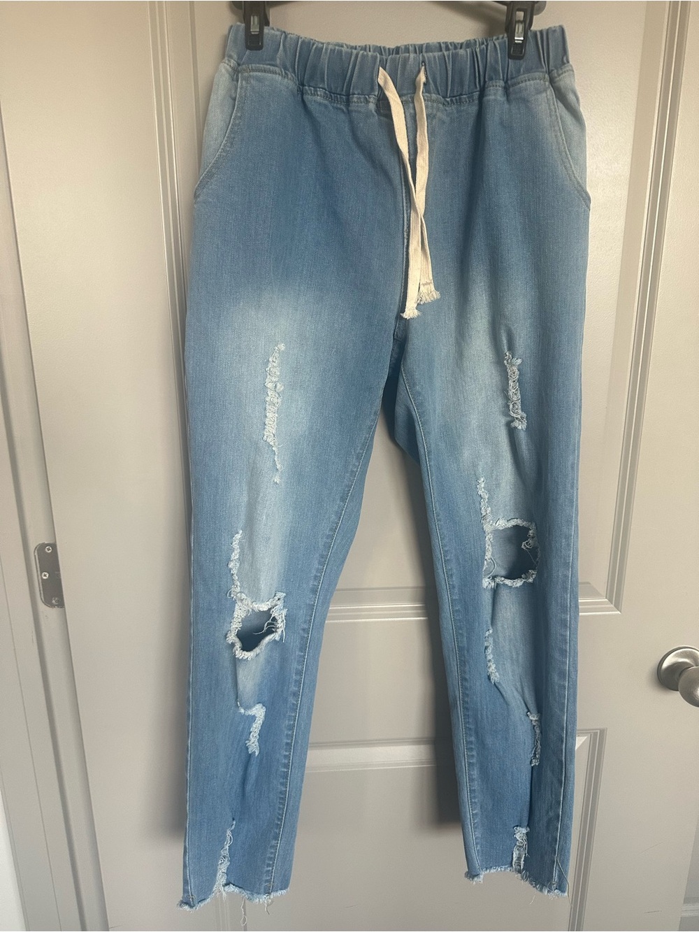 Hayden Light Blue Distressed Boyfriend Jeans with Drawstring